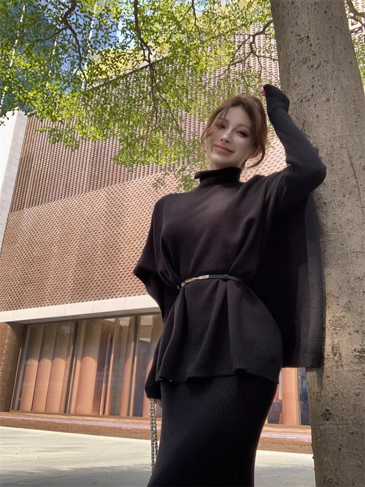 ファッショナブルなニットケープセット女性のベルト付きスリムフィットドレススリーピーススイート春 2025 新着エレガントなハイエンド感
