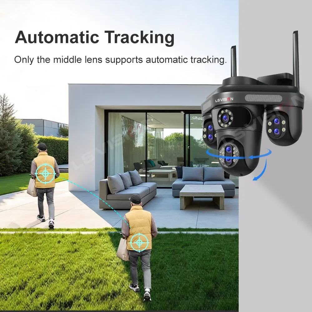 LS VISION 35MP Four Screens WiFi Security Camera Outdoor Seven Lens Three PTZ 10X Optical Zoom Cameras Auto Tracking CCTV Camera