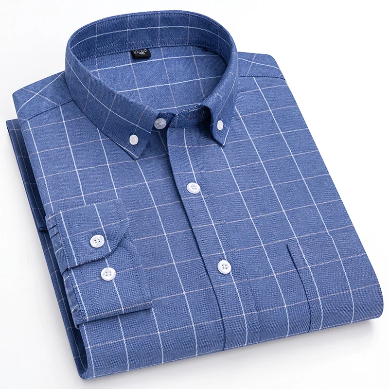 Nuevas camisas Oxford de algodón 100% a cuadros a rayas para hombre, camisa informal de negocios de alta calidad de manga larga para hombre, camisa con botones, S-7XL