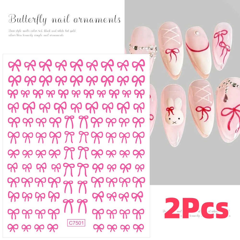 2 pçs 3d preto branco mini bowknot adesivos de unhas rosa/vermelho renda fita/arco auto-adesivo decalques de unhas decoração y2k acessórios de manicure