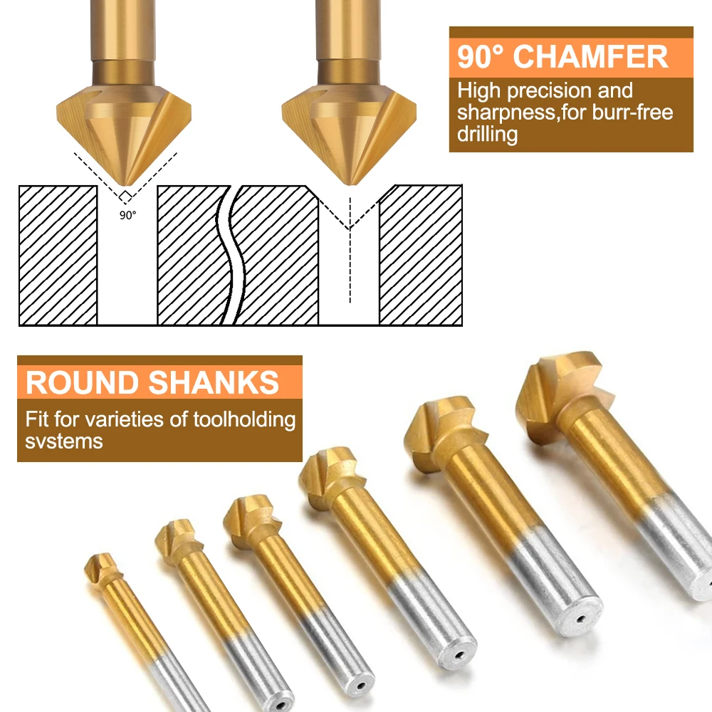 XCAN 6 Chiếc 90 Độ 3 Sáo Chamfer Mũi Khoan HSS Chamfering Cấp Cối Xay Charmfer Cắt Mũi Khoan Mũi