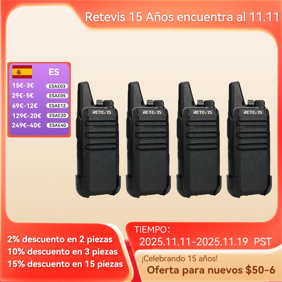 Retevis RT622 Mini Walkie Talkie Radio Emergencia 4 6 10 Piezas Largo Alcance RT622 PMR PMR446 sin Licencia VOX Portatil Recargable Walkie Talkies para Restaurantes Hoteles Caza y Camping