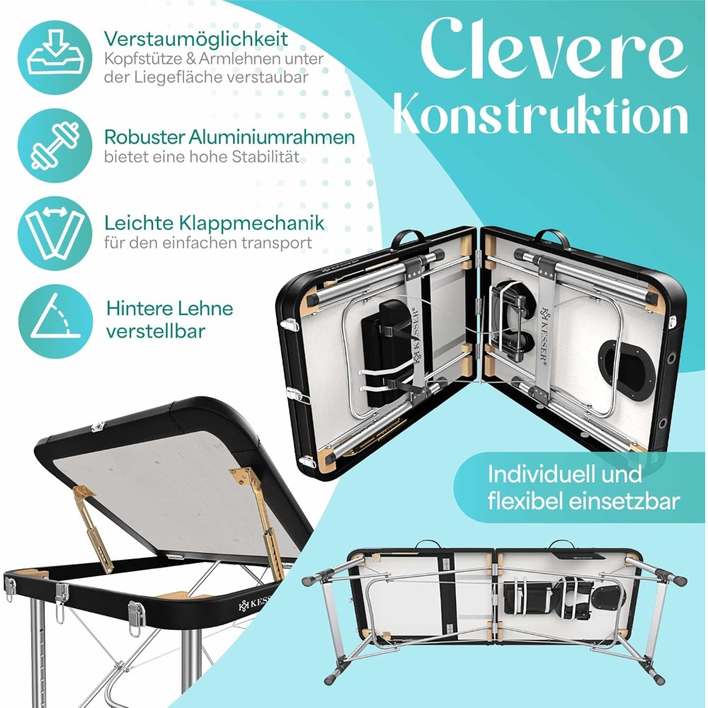 Mesa de masaje móvil, cama de masaje plegable y ajustable en altura, 3 zonas, mesa de masaje, cama estética