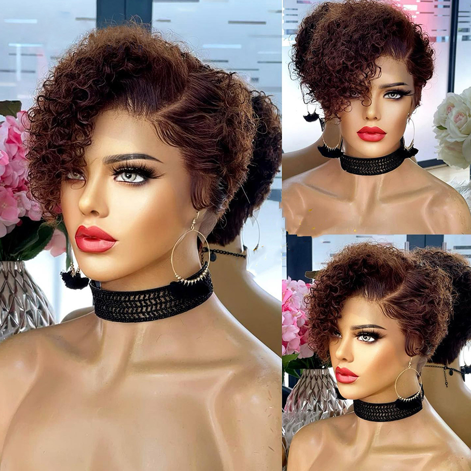 Kurze Bob-Perücke, Pixie-Schnitt-Perücke, lockige Echthaar-Perücken für Frauen, 13 x 1 Spitze vorne, transparent, tiefe Welle, Spitzenperücke, vorgezupfter Haaransatz