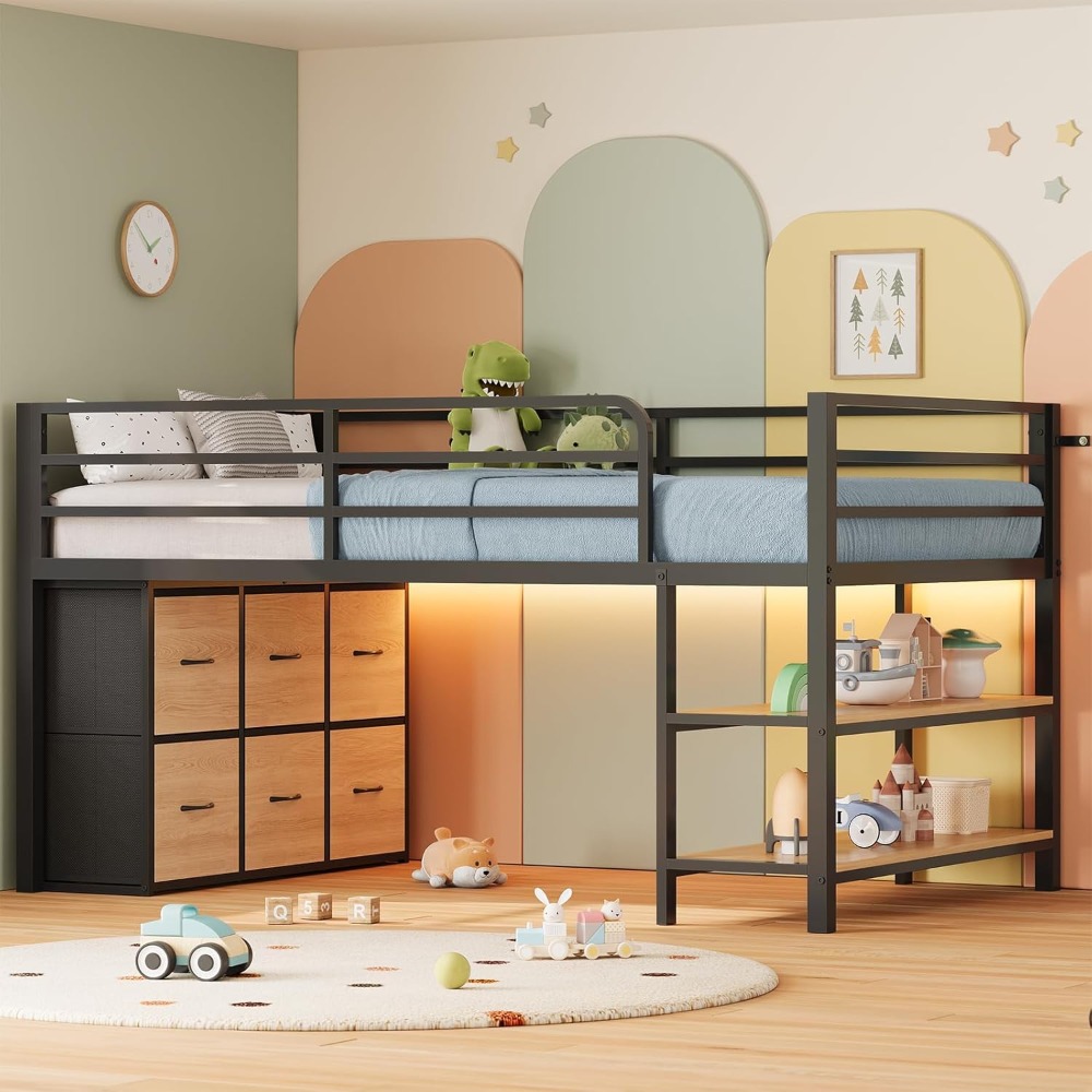ADORNEVE Low Loft Bed with 6 Storage Drawers, Twin Loft Bed with LED Lights, Metal Loft Bed Twin Size with Open Storage Shelves,