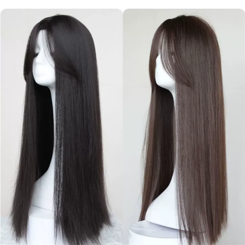 Senhoras uso diário extensões de cabelo perucas sintéticas respirável separado meio cabeça capa preto longo peruca reta chapéu para mulher
