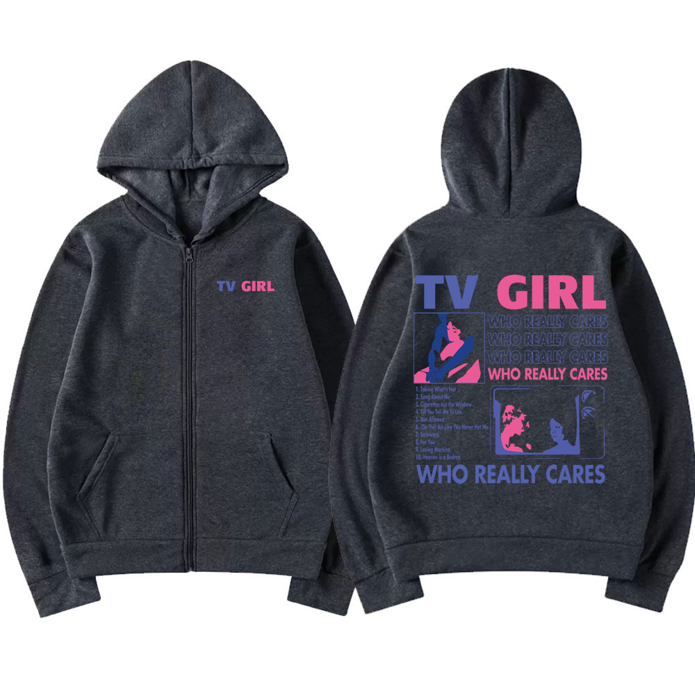 Sudadera con capucha con estampado gráfico de TV Girl Who Really Cares para hombre y mujer, chaqueta informal de gran tamaño con cremallera, sudaderas de lana para hombre