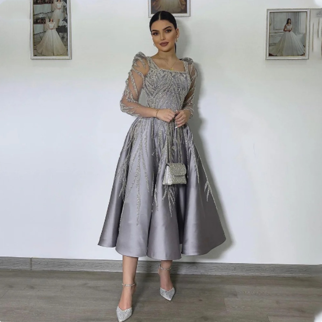 Vestido de noite formal midi linha A, decote quadrado, lantejoulas, manga comprida, vestido de baile, vestido feminino para convidados de casamento