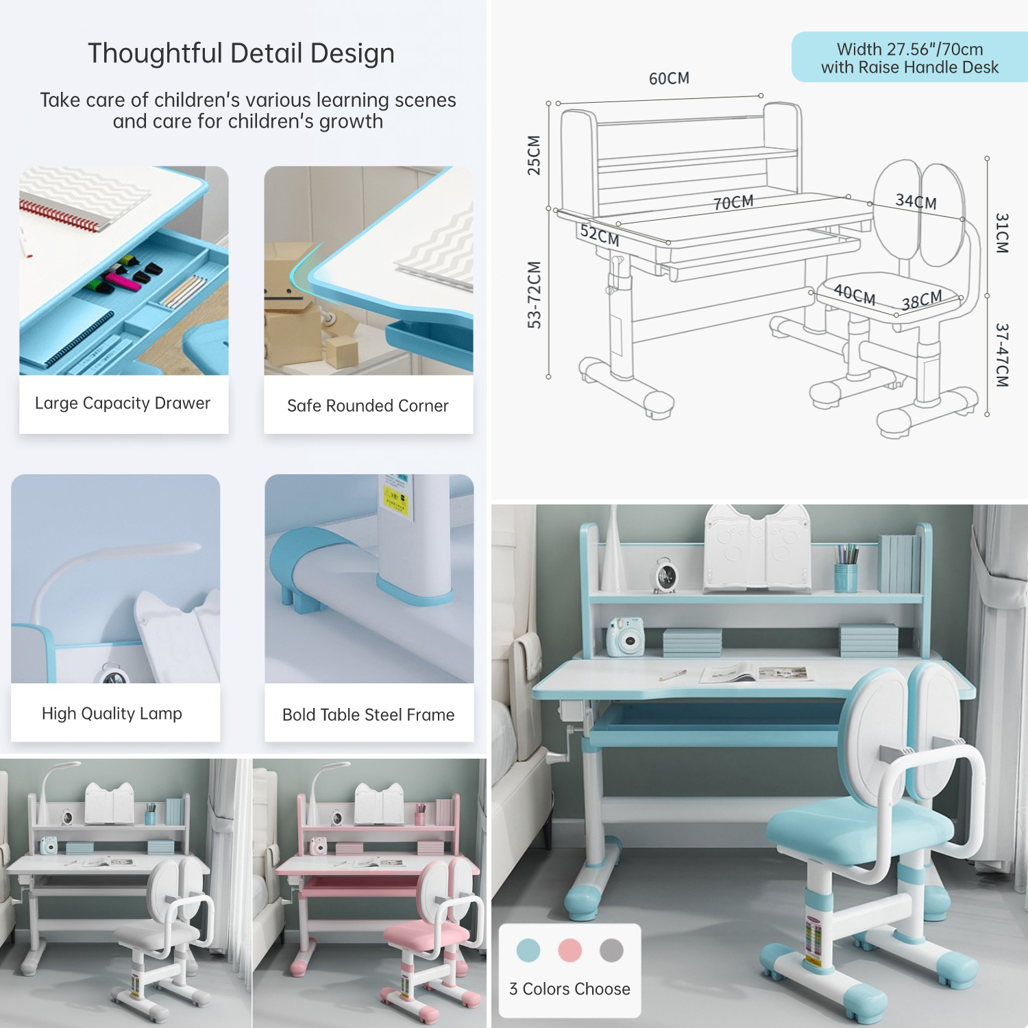 Altura ajustável Desk and Chair Set para crianças, altura ajustável, ergonômico, crianças, escola escrita, tabela de estudo, Tilt Desktop Drawers, estação de trabalho