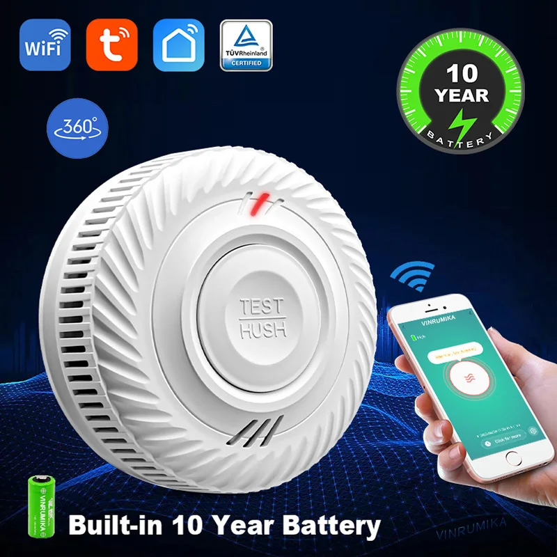 Eingebaute 10 Jahre Batterie Rauchmelder WiFi-Funktion Tuya Smart Home Salon Kinderzimmer Küche Shop Feuer Sound Alarm Sensor