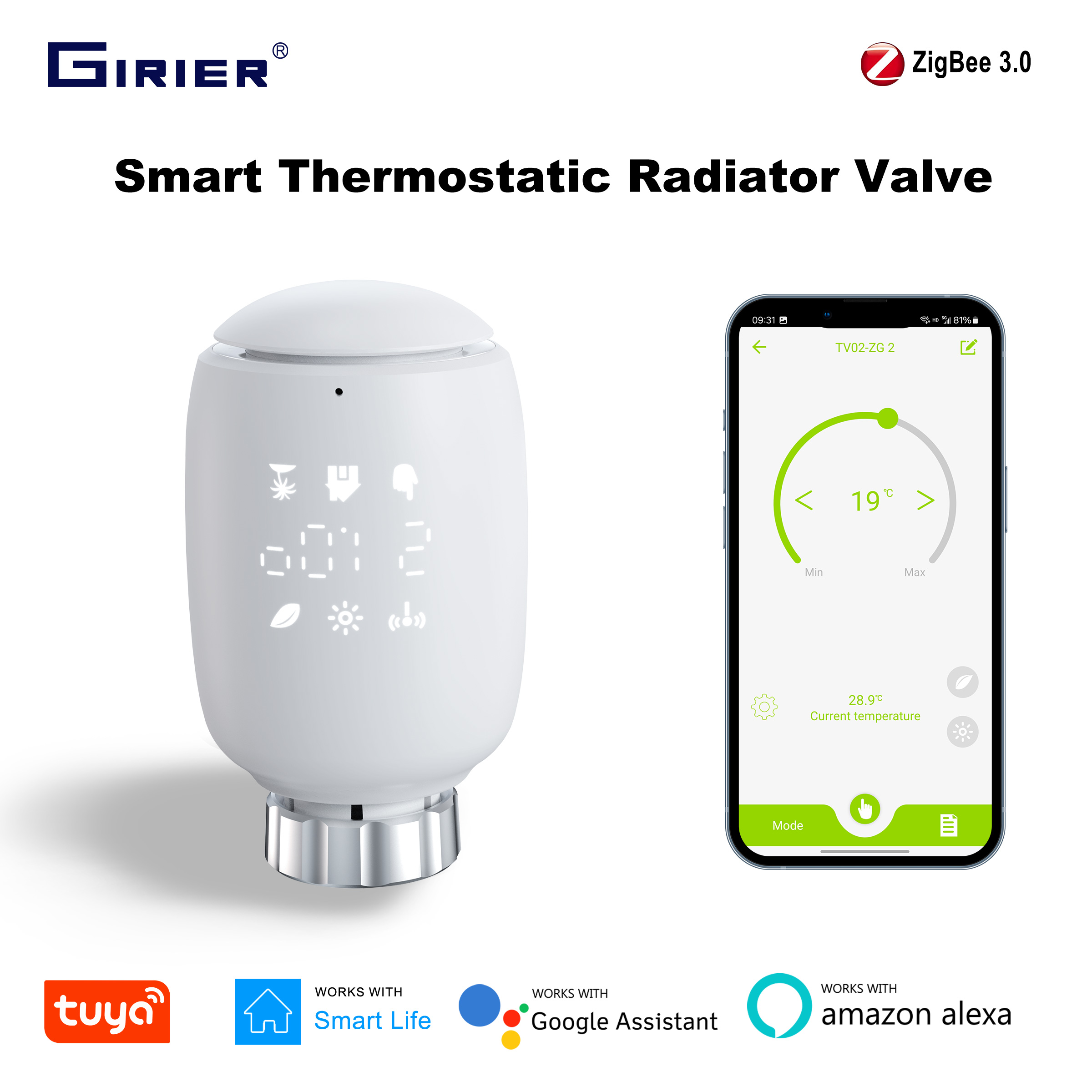 GIRIER ZigBee термостатический радиаторный клапан Tuya Smart TRV программируемый регулятор температуры термостат радиатора работает с Alexa