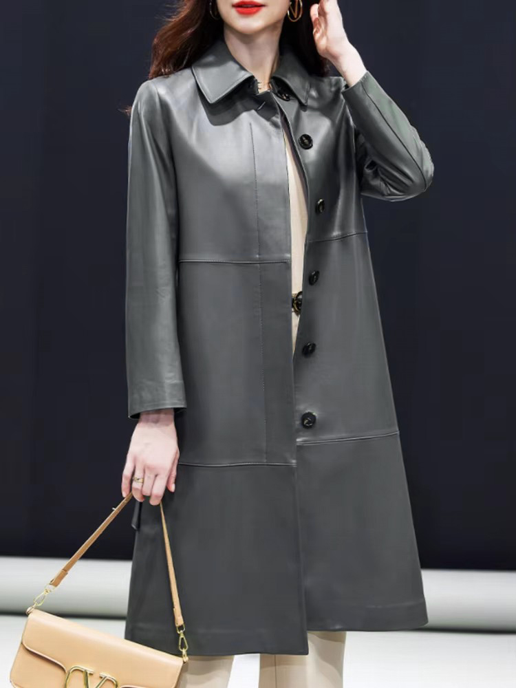 Top Quality Women Sheepskin Long Windbreaker Trench Coat Single Breasted Belted Elegant Office Lady Work Genuine Leather Jacket