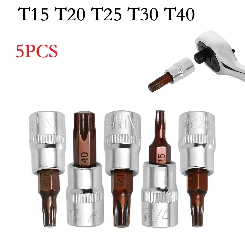Rafford 5 Pcs Torx Screwdriver Bits 1/4 Inch Drive Socket Head Tools T15 T20 T25 T30 T40 Socket Wrench Adapter Hand Tools