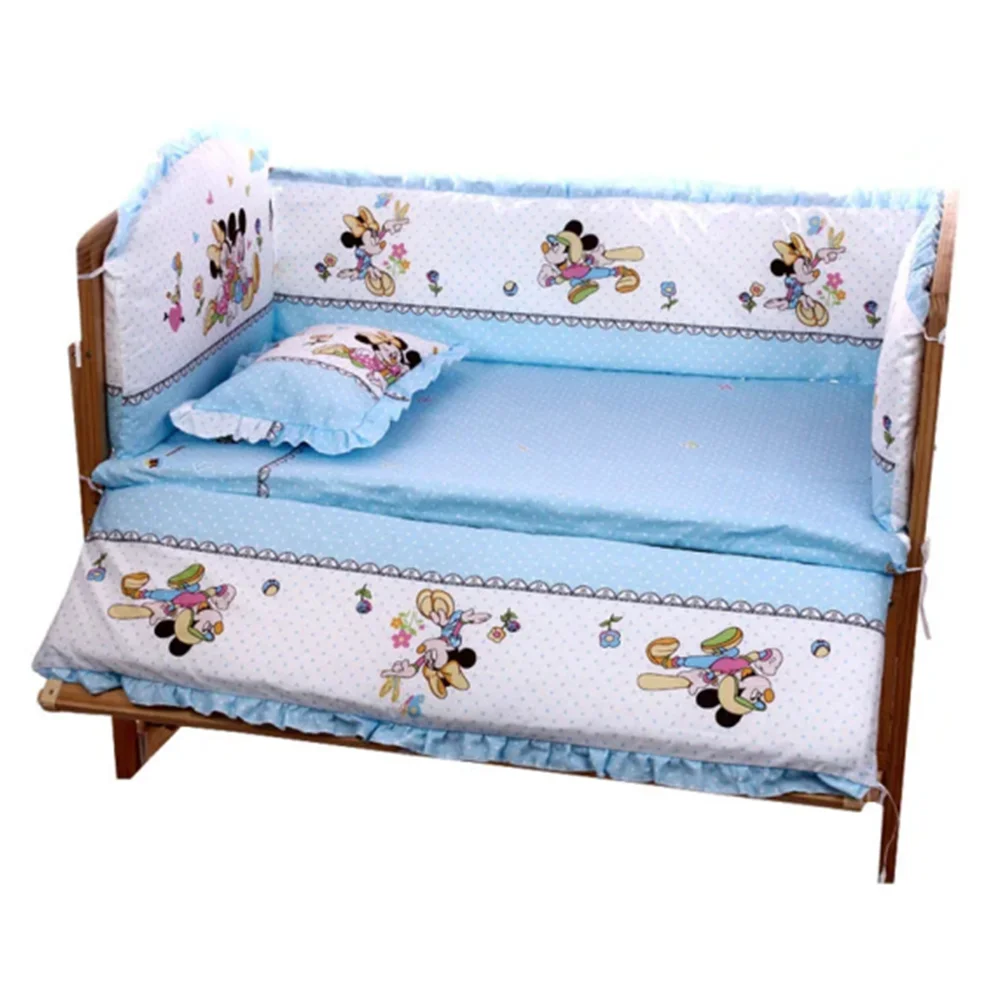 6Pcs Mickey Mouse Breathable Cotton Baby Crib Bedding Set for Newborns Boy Girl Gifts Nursery Bedding (4Bumpers+Matress+Pillow)