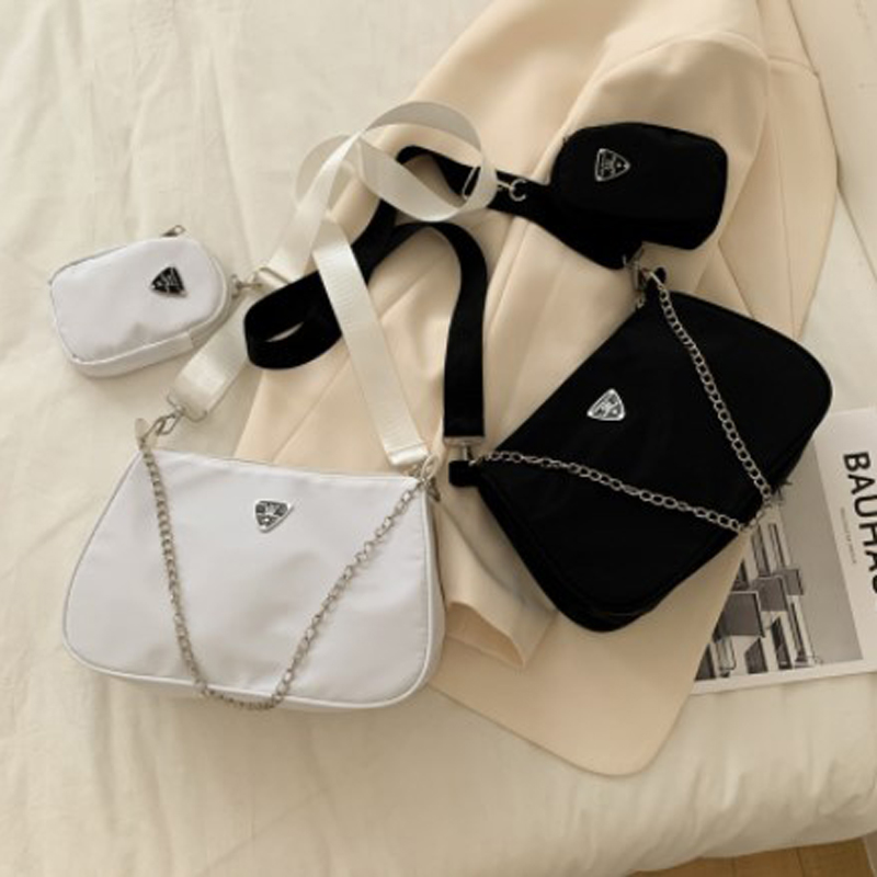 2-Piece Nylon Shoulder Bag Set: Chic Solid Color Handbags with Chain Strap for Daily Use & Travel