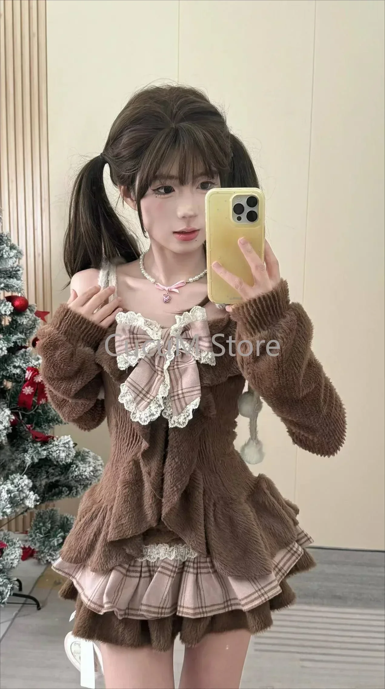 和菓子ロリータ 2 個セット女性レトロオフショルダーボウブラウストップスチェック柄ケーキミニスカート女の子かわいい Y2k スリム衣装