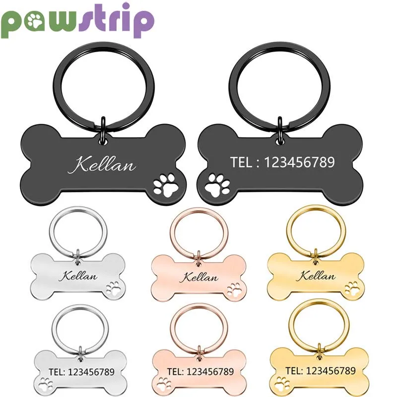 Llavero con etiqueta de identificación de mascota personalizada, nombre de identificación de mascota grabado para gato, cachorro, Collar de perro, llavero colgante con forma de hueso, accesorios para mascotas