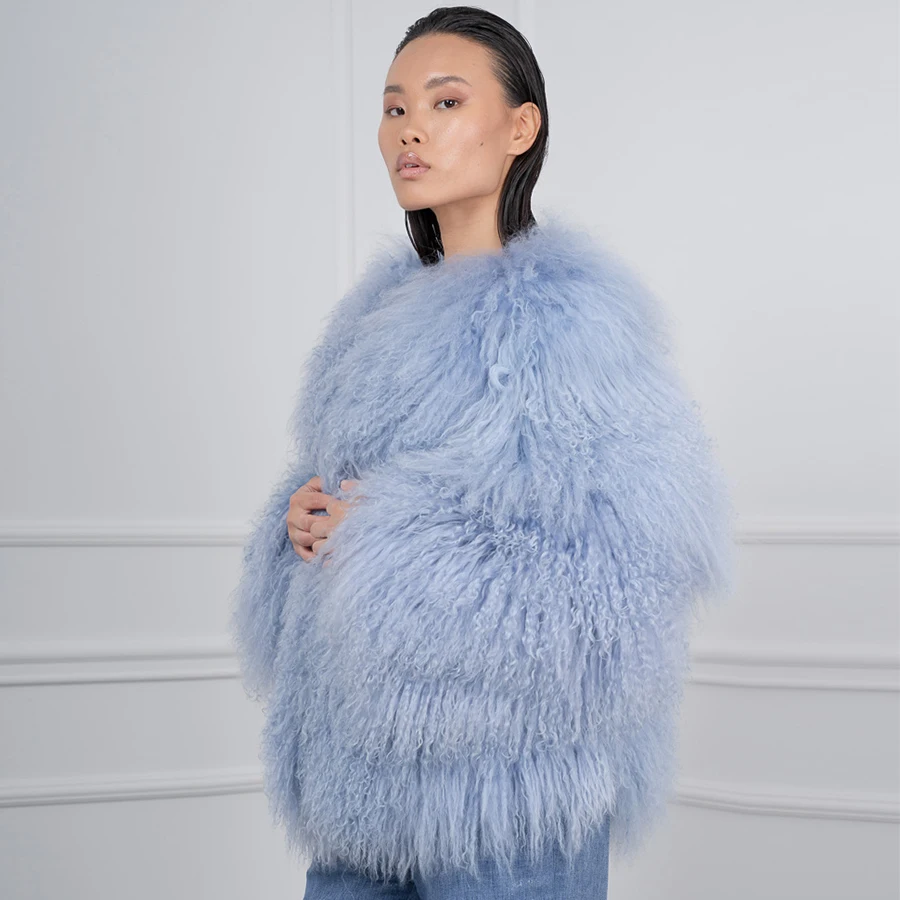 Casaco de pele de carneiro natural jaquetas femininas luz azul mongol cordeiro sem gola jaqueta curta roupas de inverno para mulheres tendência