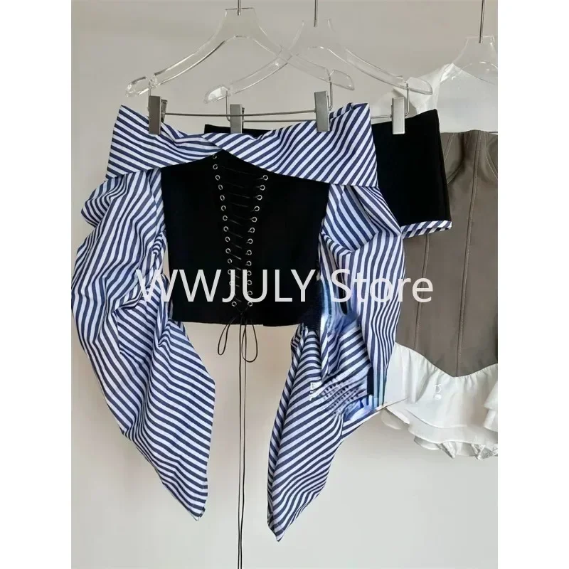 Женский комплект из топа и шортов с открытыми плечами, в полоску