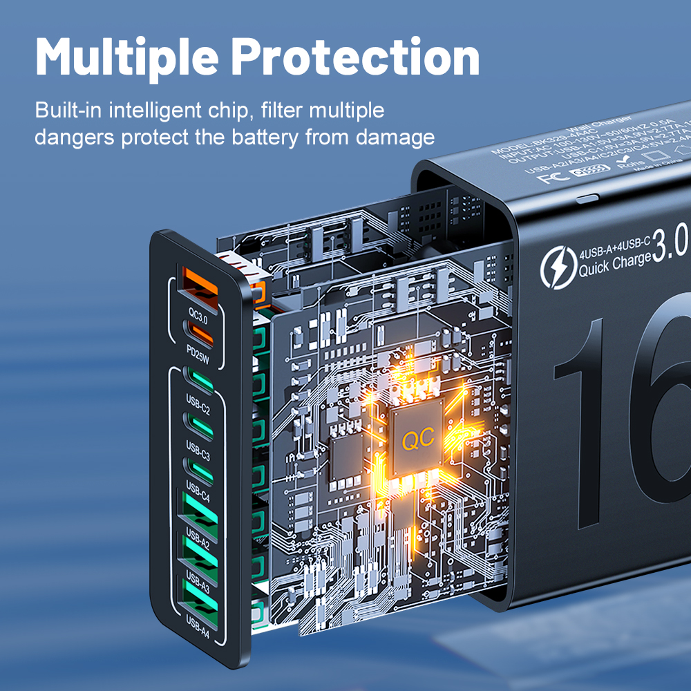 총 150W 8포트 고속 충전 QC3.0 여행용 충전기 (아이폰 14, 삼성, 샤오미 호환) EU/US/KR 플러그 휴대폰 벽면 어댑터