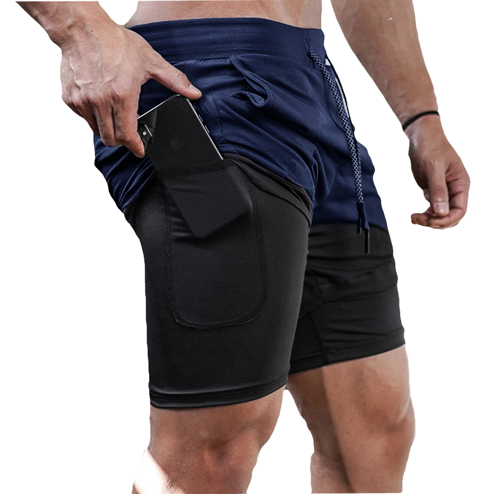 Calções de fitness de camada dupla masculino com cordão forro de malha cintura elástica respirável secagem rápida para praia piscina verão masculino