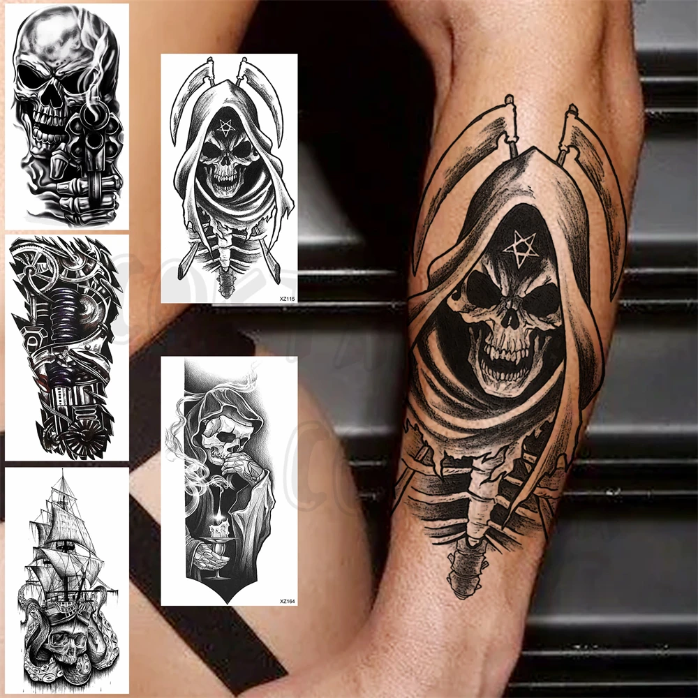 Tatuajes temporales realistas de hoz y calavera para mujeres y hombres adultos, Robot, pistola, barco pirata, tatuaje falso, arte corporal para brazo, tatuajes lavables