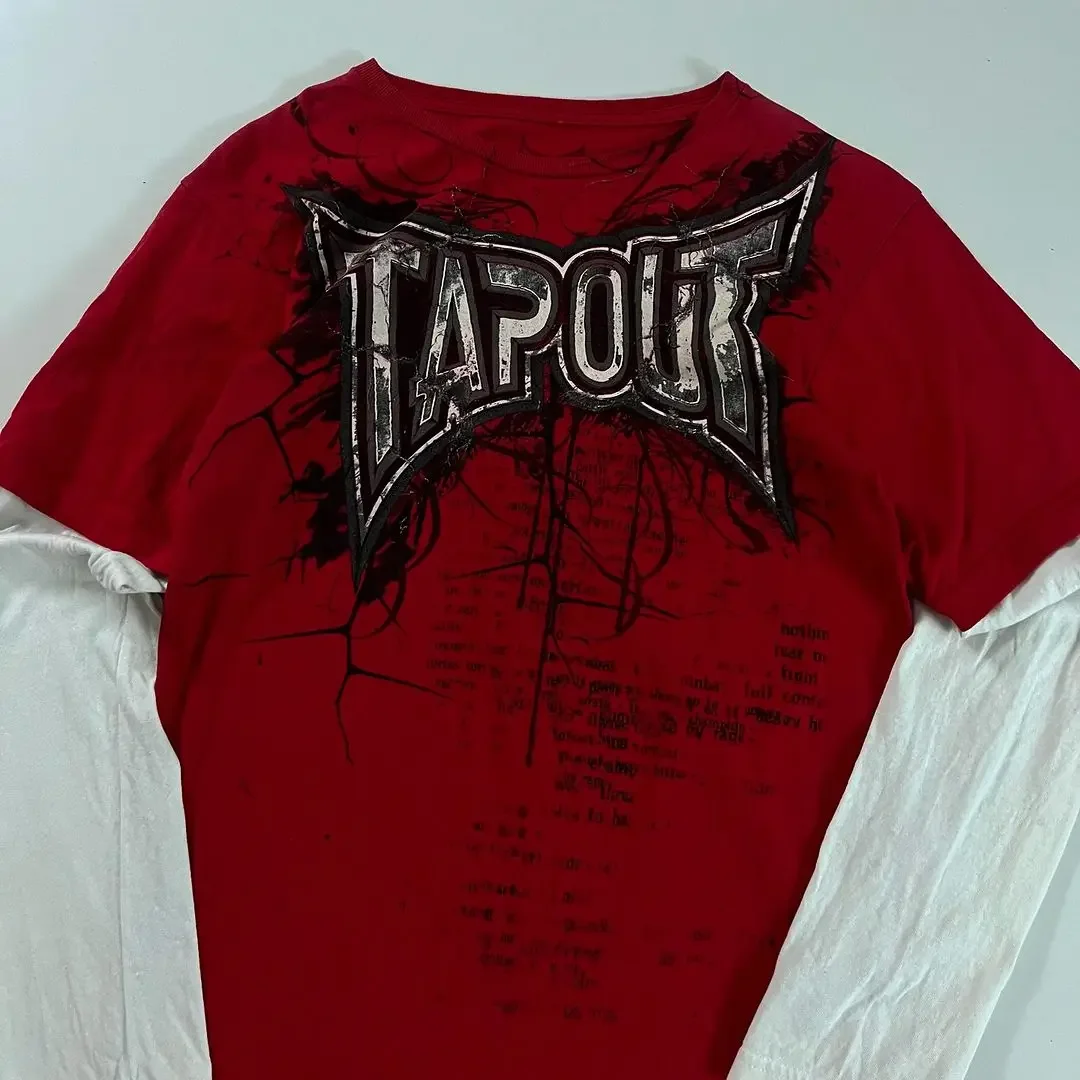 Y2K T shirt Men New Hip Hop Red TAPOUT Printing Round Neck Oversized Long Sleeved T shirt Casual Gothic Clothing Tops Streetwear