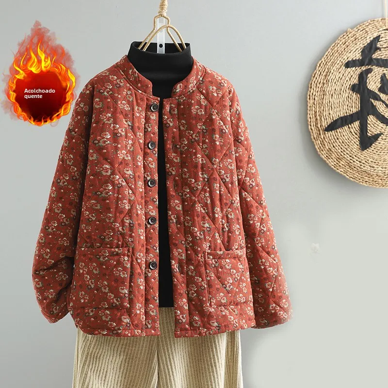 Jaqueta de Aodão Floral Retro Acolchoada com Gola Alta, Casaco Quente e Versátil para Mulheres, Tamanho ande, Estilo de T...