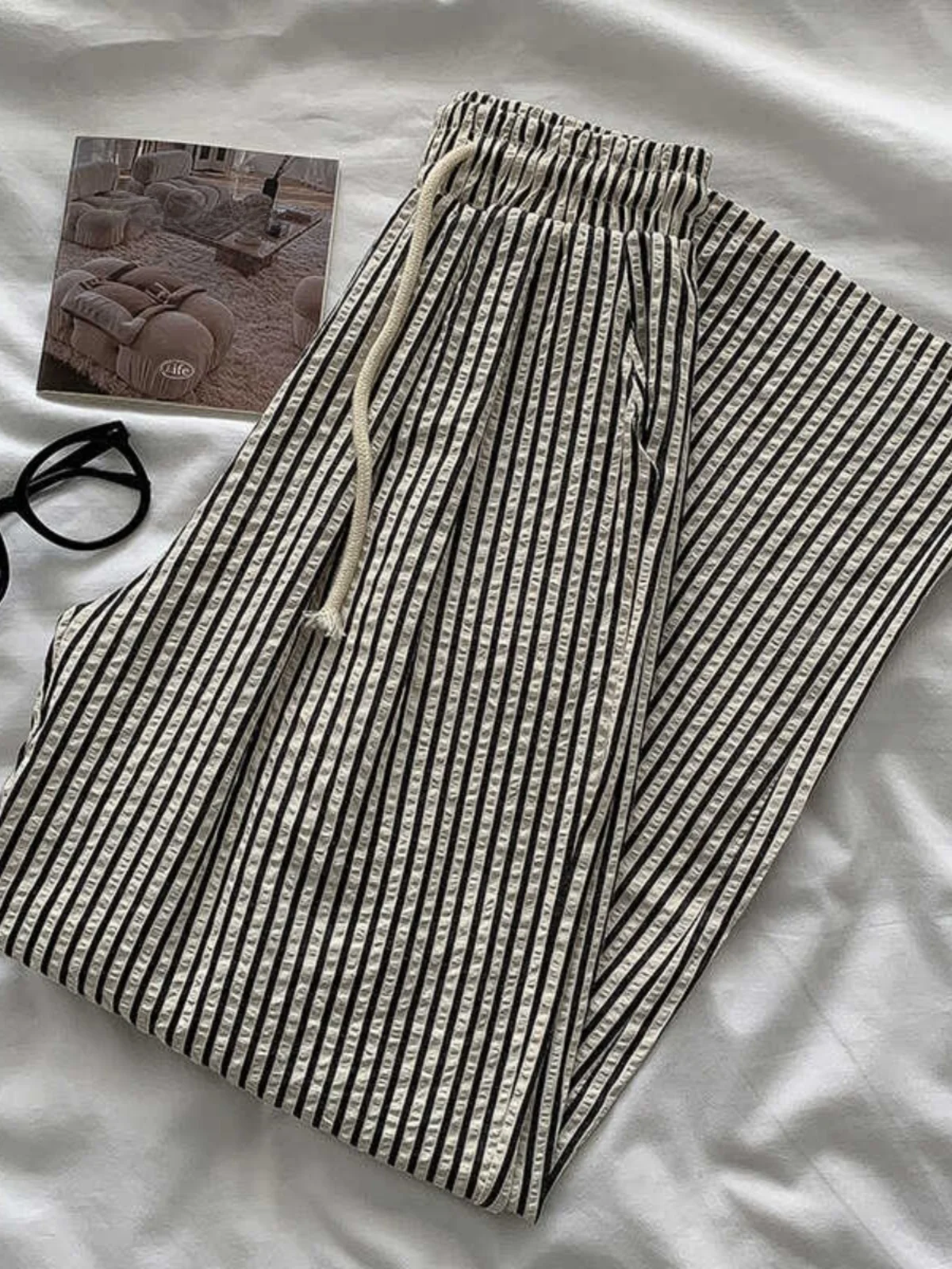 Calças Casuais tradas Estilo Coreano para Mulheres, Verão, Cintura Alta Elástica, Finas, Retas e Longas, Moda para o Dia a...