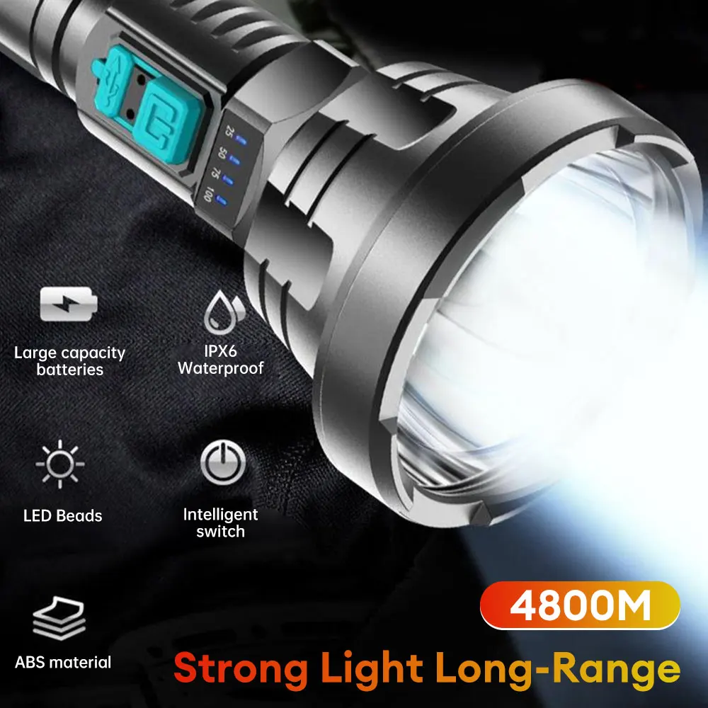 Lange ABS-Taschenlampen, wiederaufladbar, helle LED-Taschenlampe mit USB-Kabel, 3 Modi, wasserdicht, für Camping, Wandern, Angeln