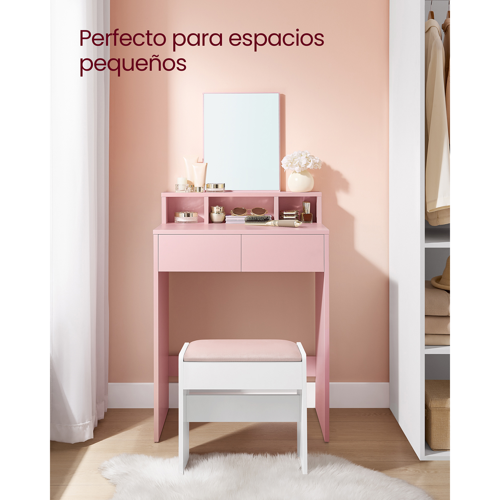 VASAGLE Modern Vanity Table with Large Mirror, 2 Drawers, 3 Compartments, Makeup Desk, Jelly Pink