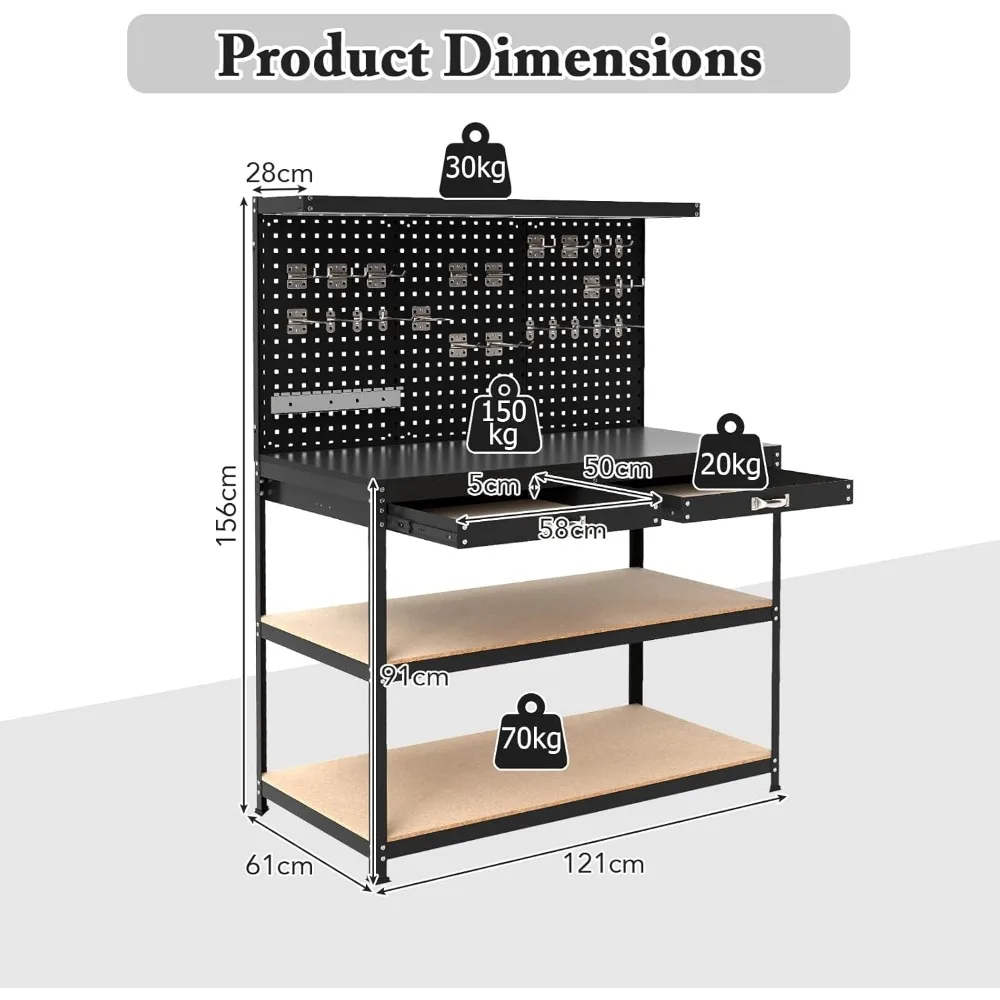 Workbench with Pegboards, with 4 Shelves Topping Space 2 Drawers 24 Hanging Accessories & Robust Metal Frame, Workbenches