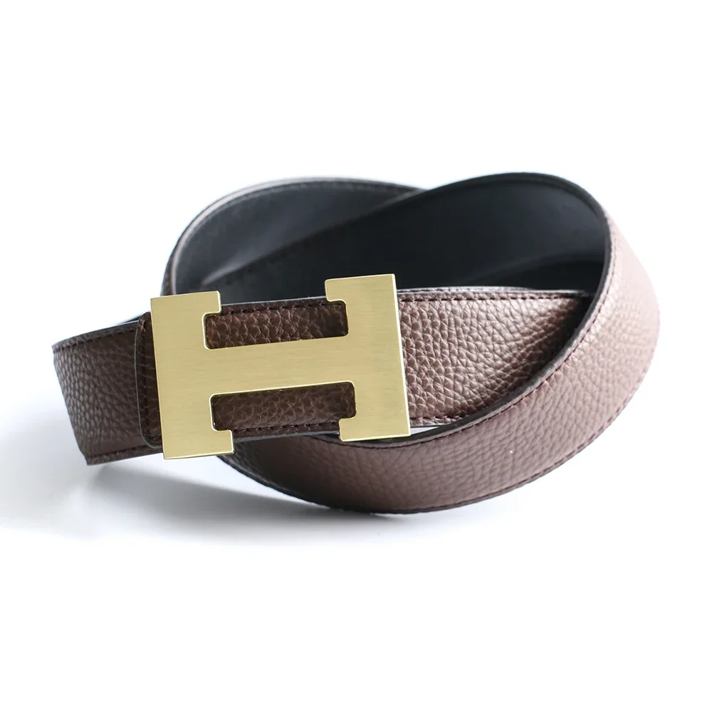 Cinturón con hebilla en H para hombre y mujer, correa de vestir de cuero genuino Real de alta calidad, color gris