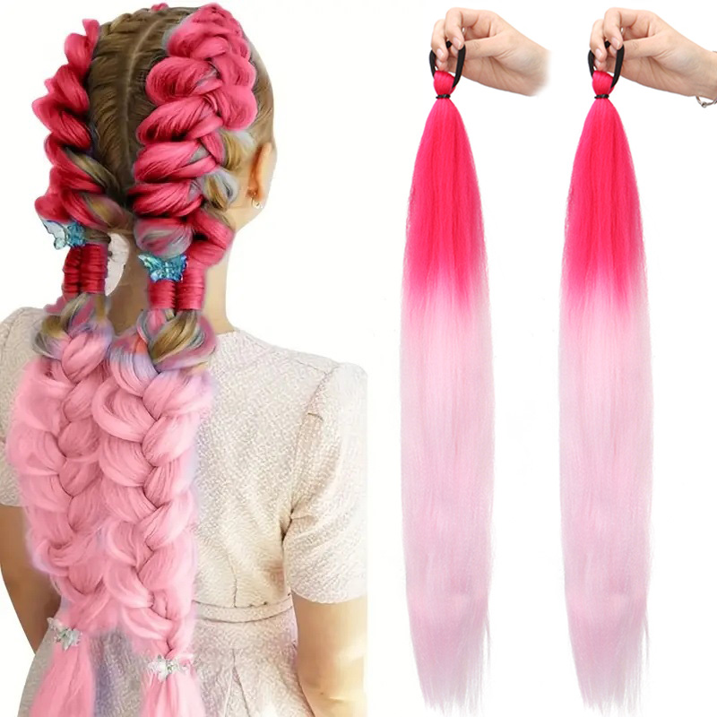 Synthetic 2Pcs Long Straight Ponytail Elastic Hair Tie Colorful Braiding Ponytail Hair Extensions Hair Accessories for Women