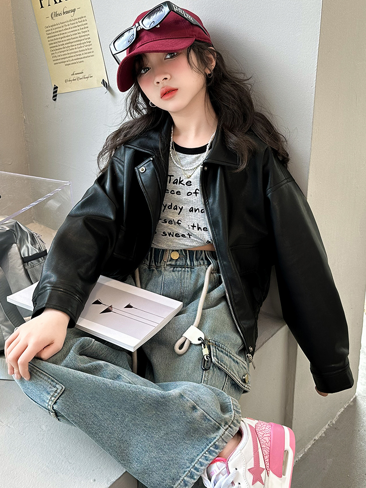 春のファッショナブルなガールズレザージャケット多用途痩身アウター韓国スタイル 2024 新着 PU 長袖コート