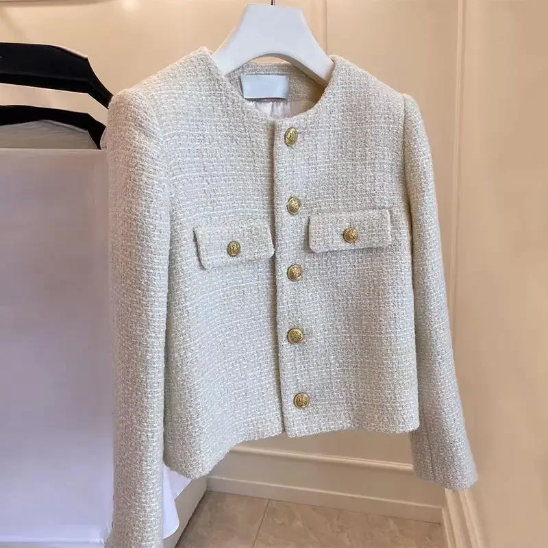 2025 abrigo de Tweed de lana moda de gama alta botón dorado corto temperamento delgado primavera y otoño abrigos coreanos chaqueta de mujer
