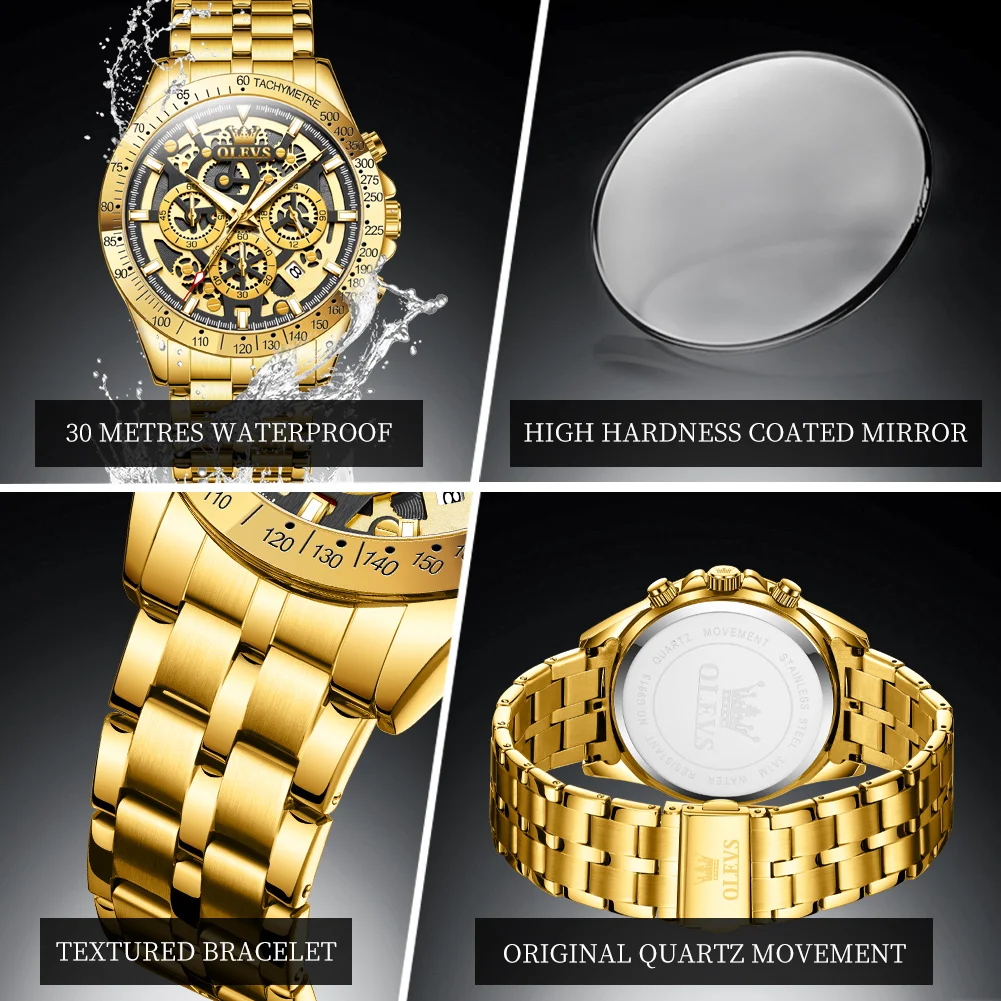 OLEVS Lxuxry marca relojes dorados para hombre reloj de pulsera cronógrafo de acero inoxidable con esqueleto completo reloj de cuarzo luminoso resistente al agua para hombre