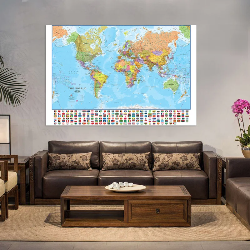 Mapa del mundo en inglés, pintura en lienzo no tejido, póster grande, sala de estar, suministros escolares de oficina, decoración del hogar, 225x150cm
