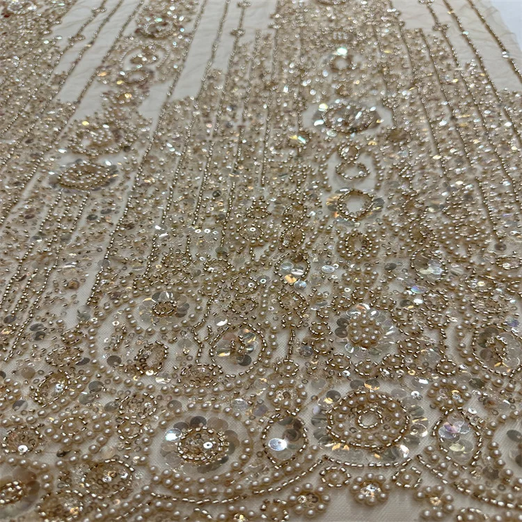 Модная кружевная ткань цвета шампанского с золотыми сетчатыми нитями и блестками