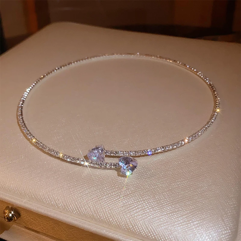 Zircon Double Layered Water Drop Heart Silver Scrap Imitation Pearl Cross Wave Open Collarbone Fine Pendant Necklaces for Women