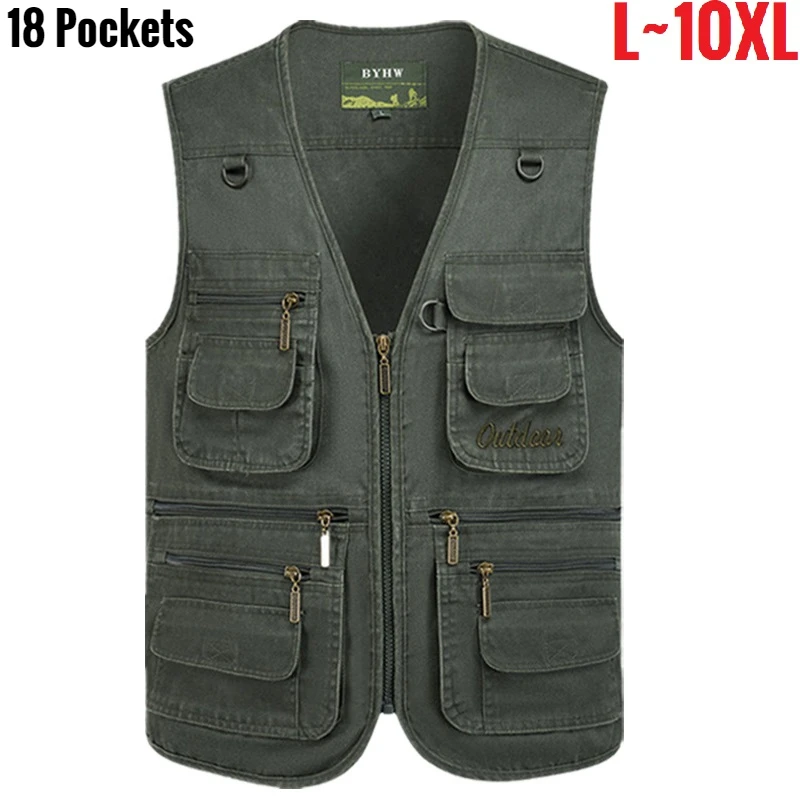 Multi bolso colete masculino com zíper sem mangas jaqueta masculina primavera tamanho grande viagem pesca trabalho ao ar livre tático mais grande 10xl 9xl