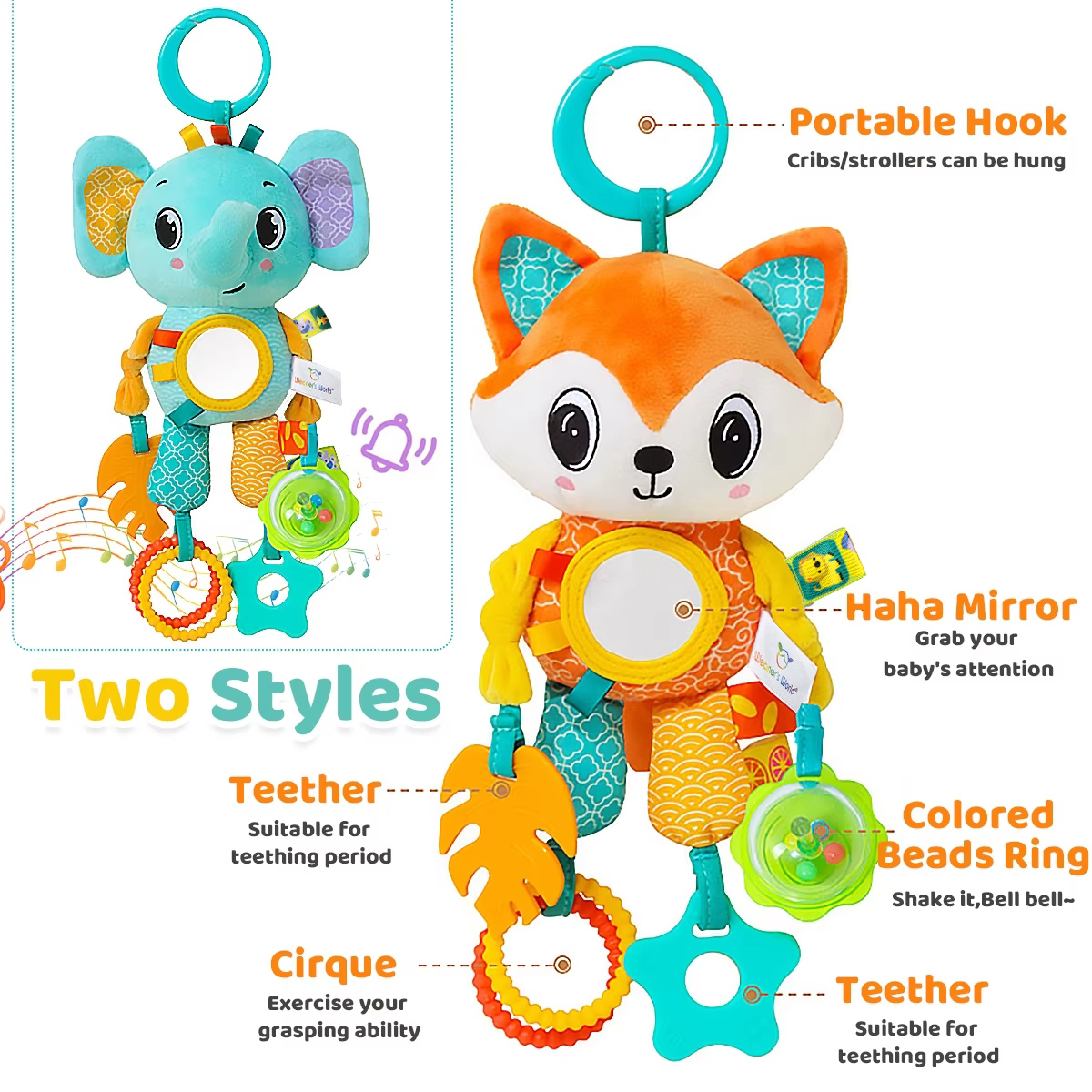 Soft Hanging Crinkle Squeaky Sensory LearningToy Stroller Car Seat Crib Travel Plush Animal Wind Chime with Teether Boys Girls