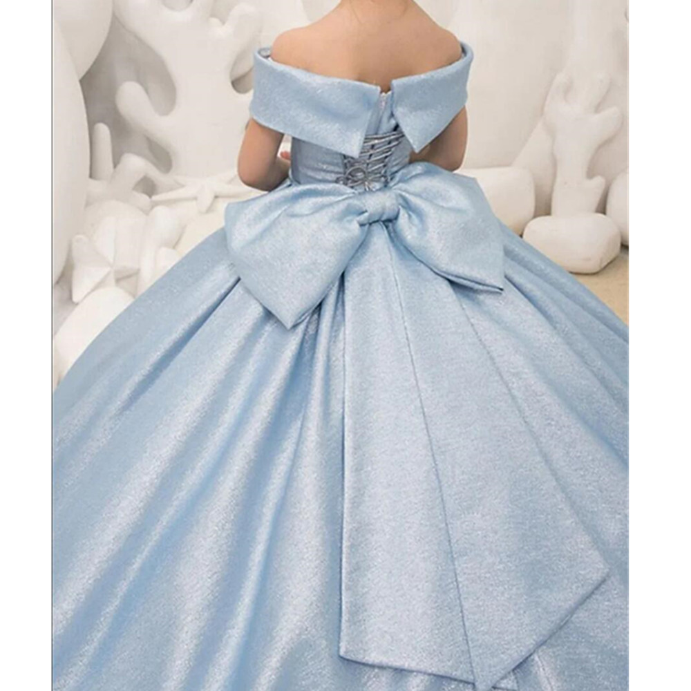 Hellblaue Blumenmädchenkleider mit einfacher Schleife, elegantes Prinzessinnen-Satin-Ballkleid für Kindergeburtstagsfeier, Erstkommunionkleid