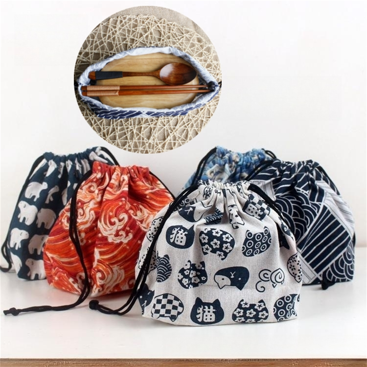 Japanese Style Drawstring Lunch bag Storage Bag For Travel Picnic Portable Easy Wash Bento Lunch Box Tote Pouch Food Bag