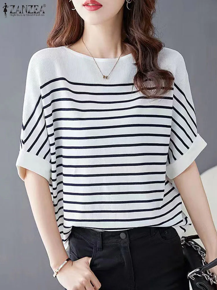 Zanzea-Blusa elegante listrada feminina com retalhos, meia manga de escritório, tops casuais soltos de túnica com o pescoço, camiseta verão, moda, 2022