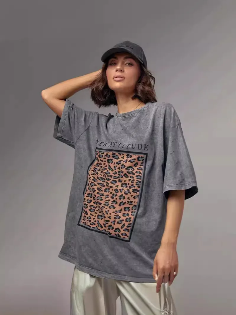 Haut mi-long à manches courtes pour femmes, coton gris, motif léopard, mode, nouveau