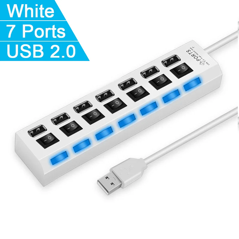 Adaptador expansor USB HUB 2,0 de alta velocidad, 4/7 puertos, divisor Multi USB, extensor múltiple con interruptor de lámpara LED para PC y portátil