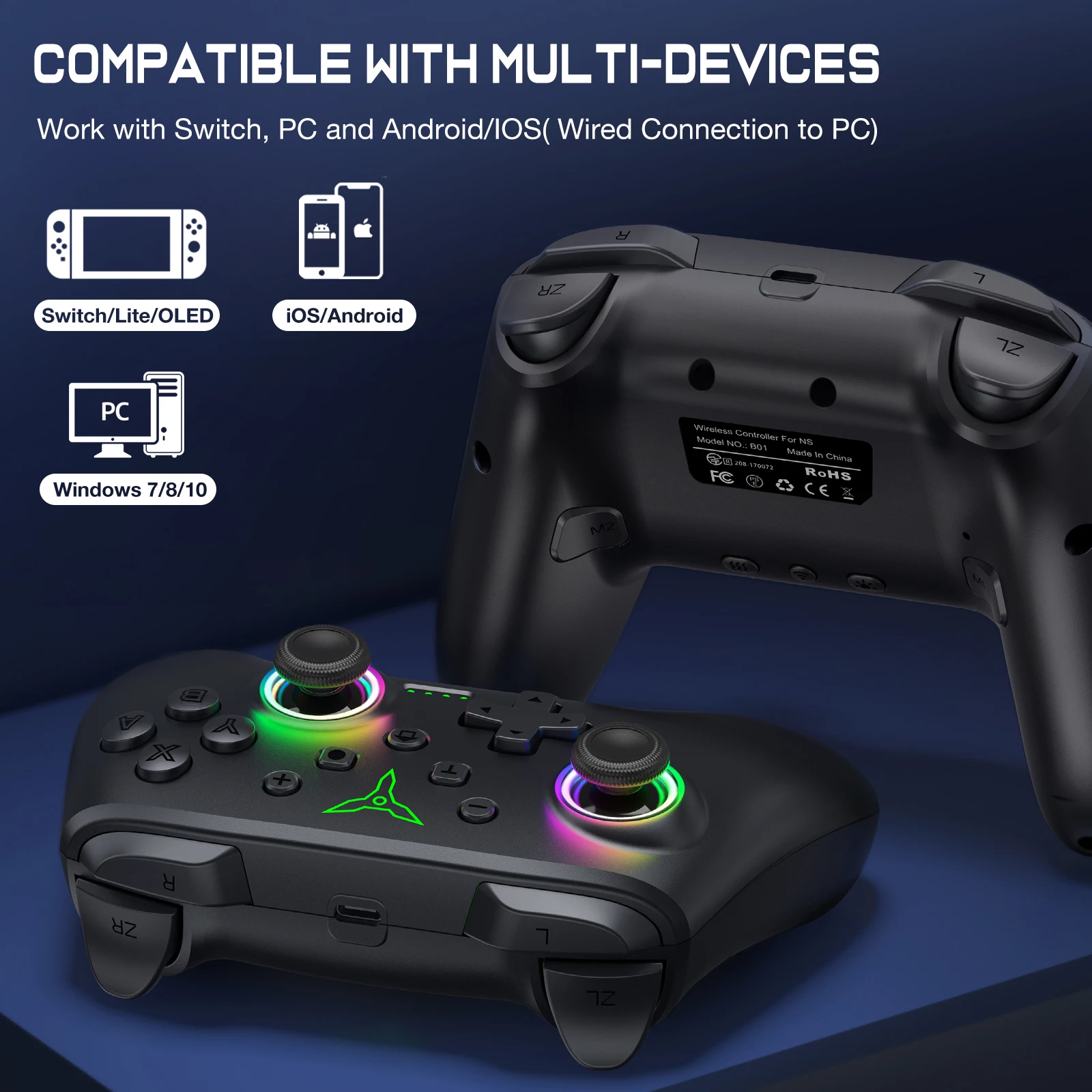 Dinofire Wireless Bluetooth RGB Controller for Nintendo Switch/Switch OLED/Lite Mobile Wired PC Gamepad Multi-Function Joystick