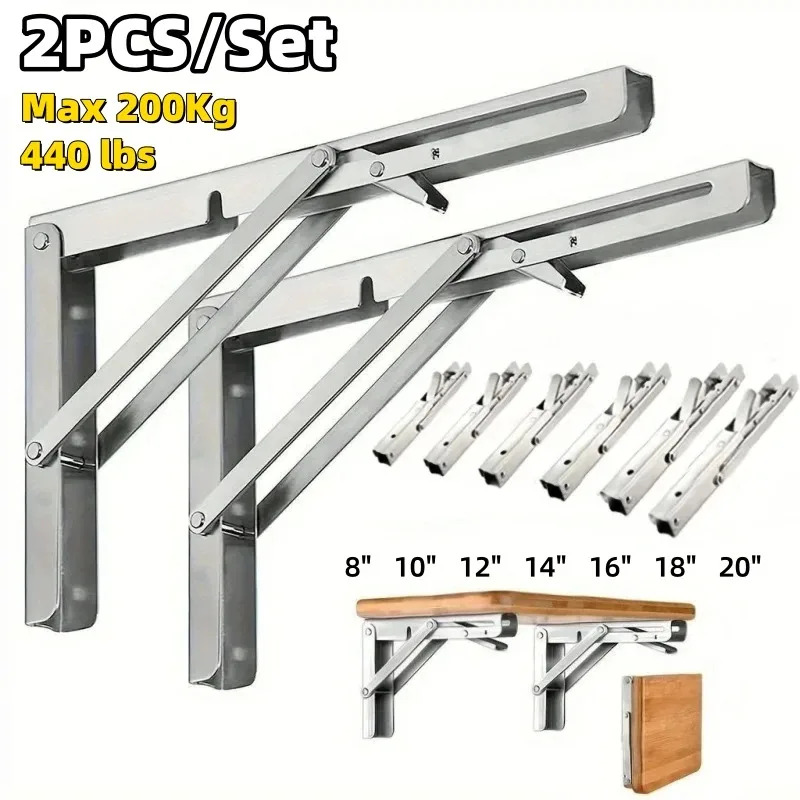 Heavy Duty 2PCS Stainless Steel Triangle Folding Shelf Brackets – Wall Mounted Collapsible Angle Bracket for Table, Workbench