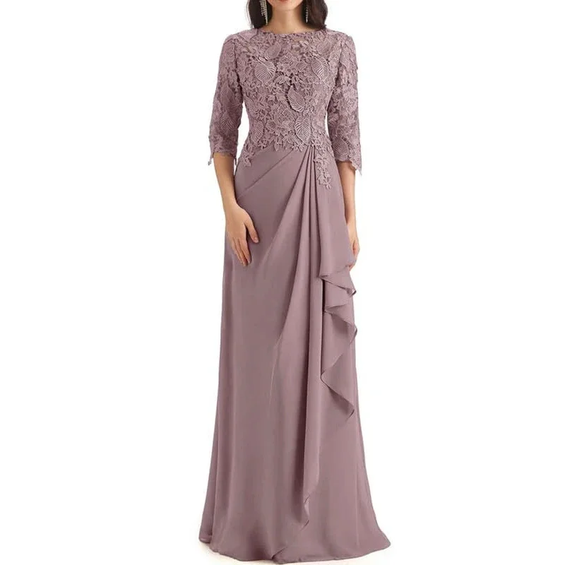 Elegante renda applique mãe da noiva vestido para festa de casamento vestido chiffon meia mangas a linha vestidos de noite até o chão